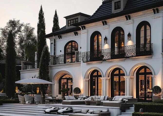 An extremely aesthetic and sophisticated dining table space with four-sided fully glass windows and doors, giving an outside view of serenity.