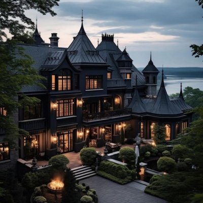 A temple style mansion constructed on an island with black exterior and warm interior lighting.